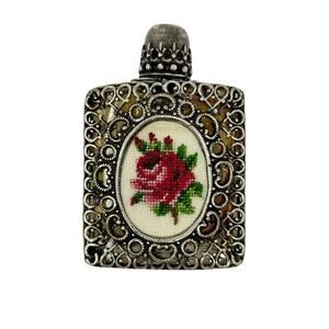 Vintage Miniature Clear Glass Perfume Bottle with Metal Work and Tapestry